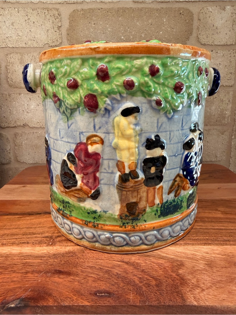 Vintage Majolica Cookie Jar Glazed Ceramic Garden Scene Bisquit